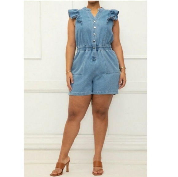 ELOQUII Elements Plus Size Chambray Flutter Sleeve Romper Size 14 - Picture 3 of 8